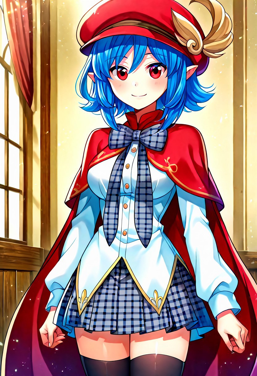 anime screencap, masterpiece, highres, best quality, 4k, very aesthetic, leaflit mitsuha, leaflit \(fae\), blue hair, red eyes, short hair, hair between eyes, sidelocks, humanization, pointy ears, cabbie hat, grey bow, long sleeves, puffy sleeves, red cape, red hat, white shirt, wing symbol, feather on hat, plaid clothes, plaid bow, plaid skirt, pleated skirt, black thighhighs, 1girl, solo, solo focus, eye focus, closed mouth, smile, front view, facing viewer, female only, standing, pose, looking at viewer, indoors, dramatic lighting