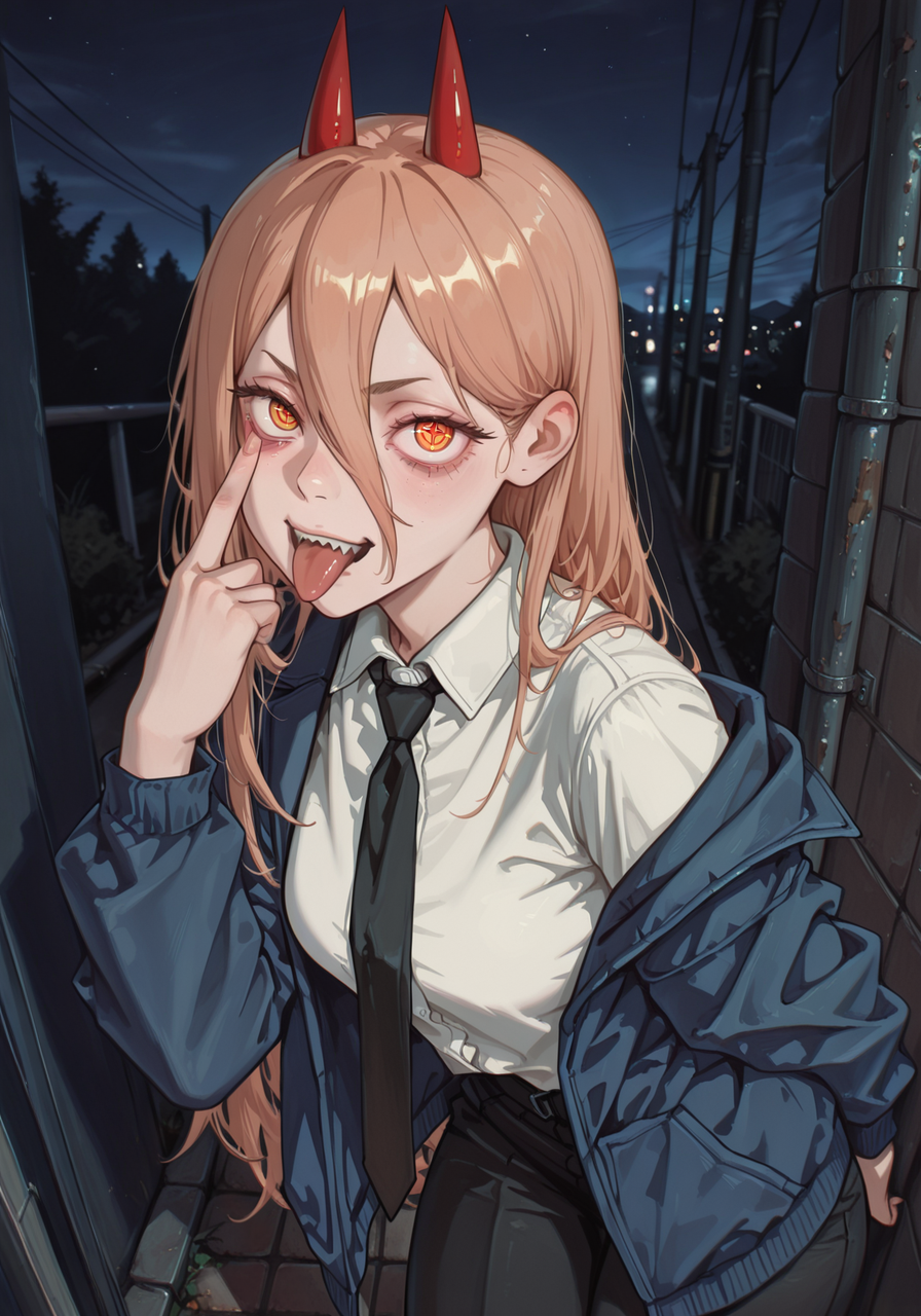 embedding:IllusP0s, artist: moriimee, akanbe, eyelid pull, finger to eye, tongue out, :p, power_\(chainsaw man\), 1girl, solo, outdoors, night, white shirt, tie, blue jacket,<lora:akanbe_ill.safetensors:1.0:1.0> <lora:MoriiMee_Gothic_Niji_Style_Illustrious_r1.safetensors:1:1>