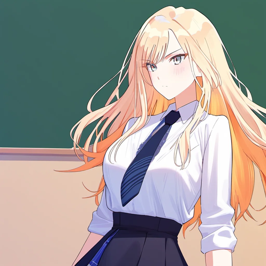 score 9, score 8 up, score 7 up, source anime, 1girl, juo_sena, classroom, <lora:gakuen_idolmaster_pony:1>, white shirt, multicolored hair, necktie, blonde hair, orange hair,