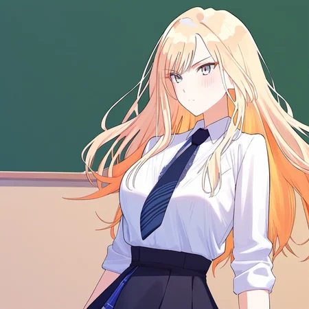 score 9, score 8 up, score 7 up, source anime, 1girl, juo_sena, classroom, <lora:gakuen_idolmaster_pony:1>, white shirt, multicolored hair, necktie, blonde hair, orange hair,