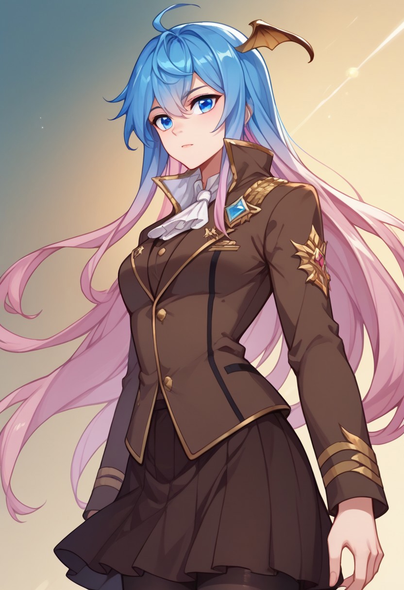 score_9, score_8_up, score_7_up, score_6_up, source_anime, Wang qiu'er, blue eyes, gradient hair, blue hair, pink hair, head wings, ascot, high collar, military uniform, brown jacket, brown skirt, black thighhighs