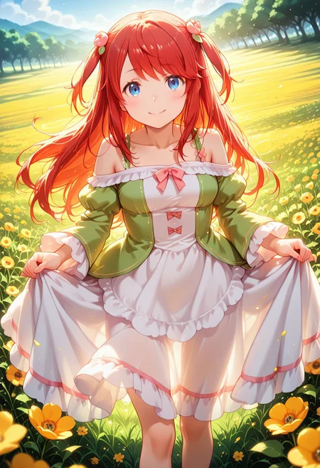 1girl, solo, masterpiece, best quality, newest, absurdres, CG, anime, source anime, illustration, very aesthetic, high resolution, ultra-detailed, newest, scenery, medium depth of field, rule of thirds, masterpiece-level, clean lines, sharp, focused subject, <lora:Theresia_van_Astrea_r1:1>
BREAK 1girl, solo, Theresia_van_Astrea, t_theresia, hair ornament, blue eyes,long hair, red hair,flower, hair flower,two side up,
white dress, dress
dynamic pose, standing, happy, smiling, blushing, joyful
outdoors, meadow, flowering wildflowers, poppies, cornflowers, day ,sunny
cinematic angle, various angles, detailed background, beautiful background, (rays light:1.0),(grow:1.0), light particles