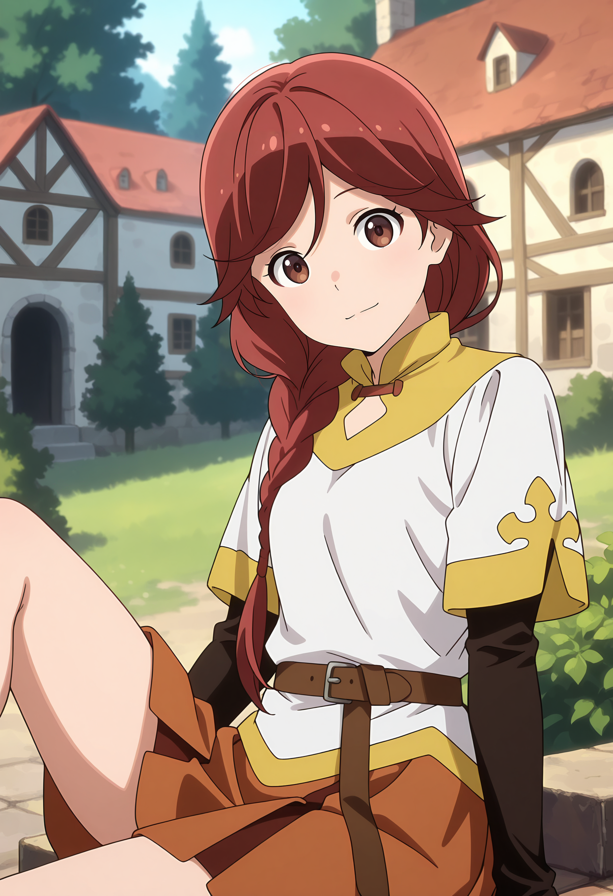 anime screencap, masterpiece, best quality,
<lora:HaiToGensouNoGrimgar_Yume_IlluXL:0.9>,
1girl, solo, closed mouth, light smile, head tilt,
long hair, hair over shoulder, single braid, red hair, brown eyes,
white shirt, yellow trim, short over long sleeves, brown belt, orange skirt,
knee up, sitting, looking at viewer,
sketch background, medieval, town, forest, foliage, blurry background, day