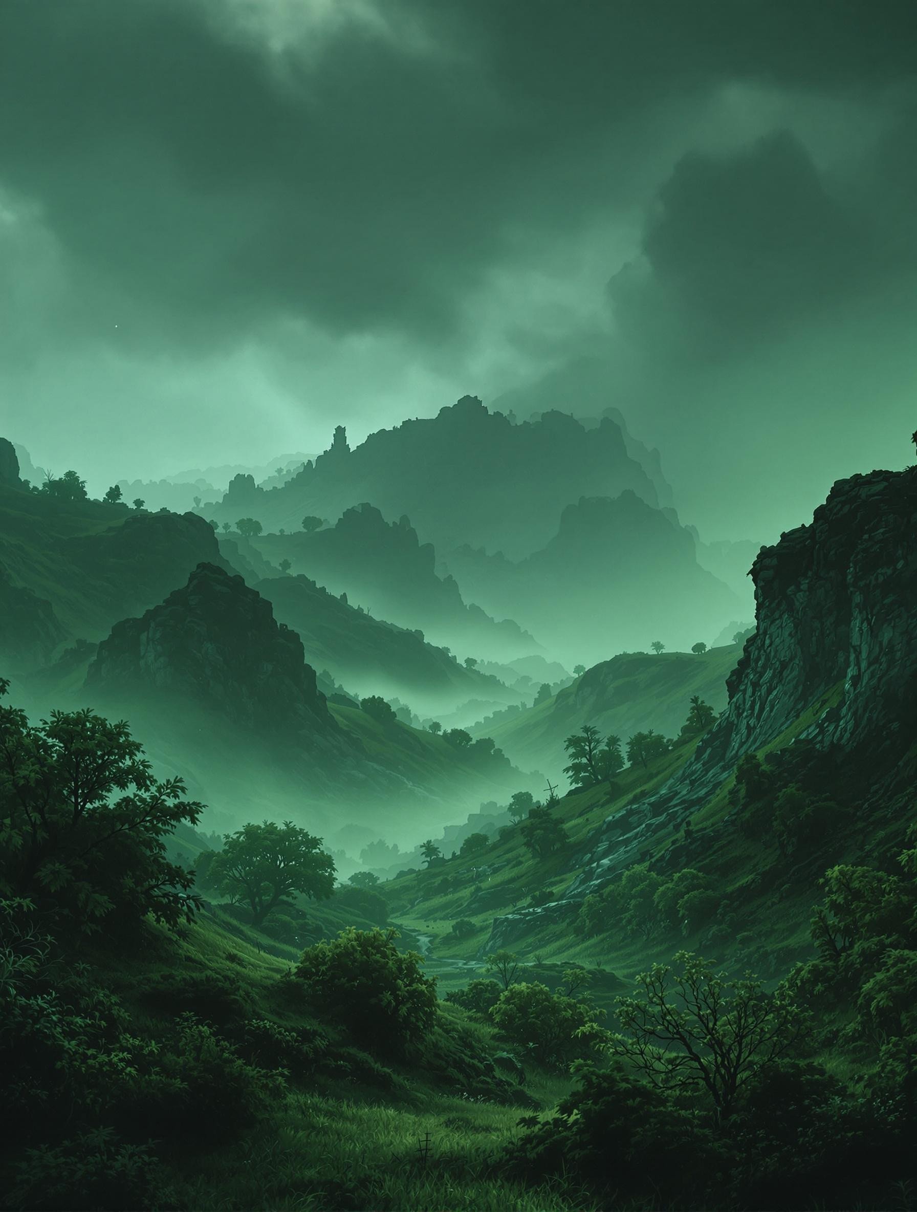 ((Green)): A hauntingly stunning landscape, perfect for a desktop wallpaper. Soft, muted tones dominate the palette, with unusual dark hues and faded colors blending seamlessly together. Atmospheric haze lingers, adding to the drama. Cinematic lighting casts long shadows, emphasizing every detail. Film grain texture adds depth, while professional composition guides the viewer's eye. Fine details are meticulously rendered, showcasing maximum level of detail. This masterpiece is a true work of art, boasting extreme precision and best-in-class quality.