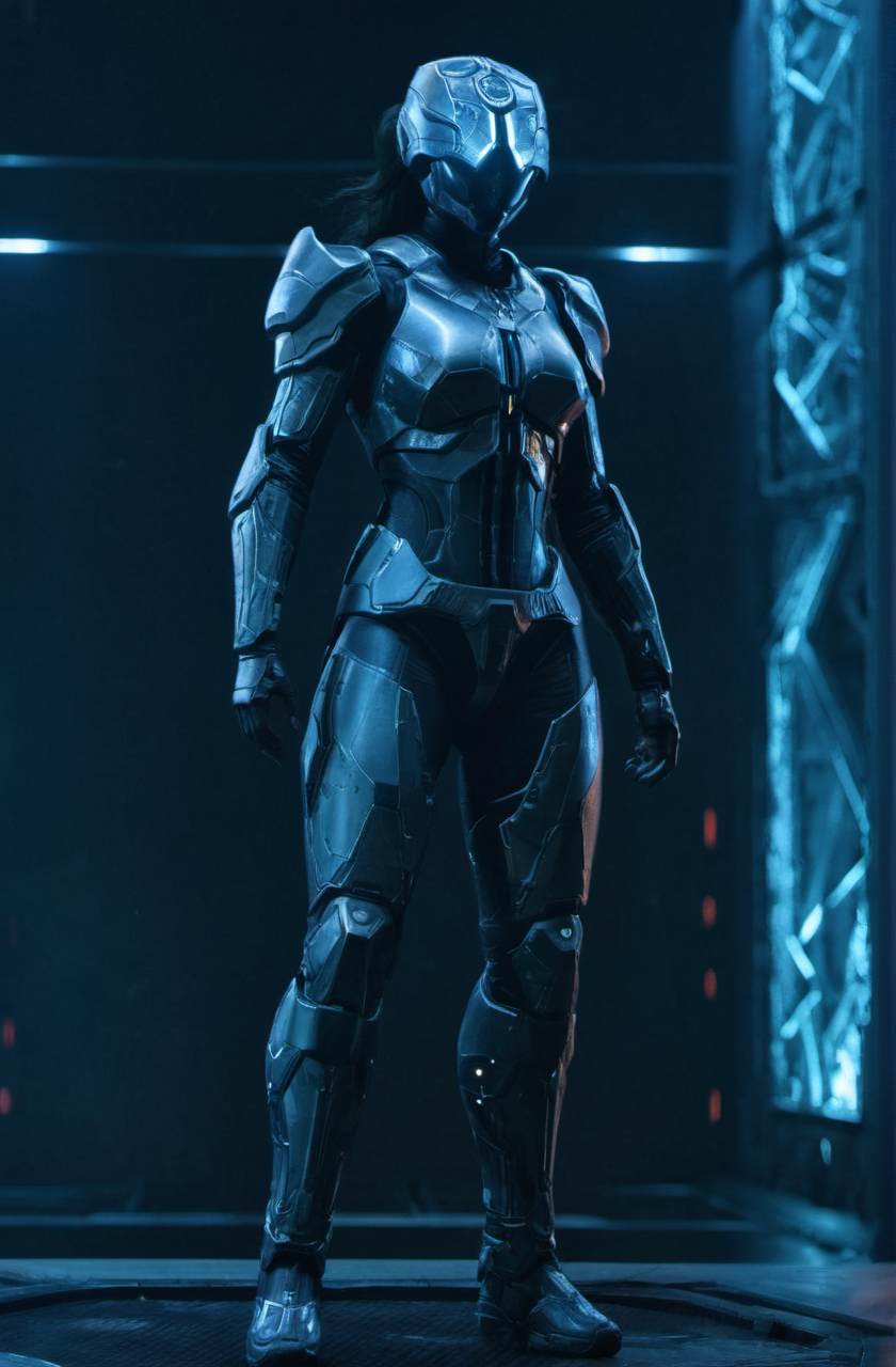 Rmnants <lora:remnantsXL-000005:0.8>,a full body of armored woman,omni structures in the background,glowing,science fiction <lora:add-detail-xl:1>