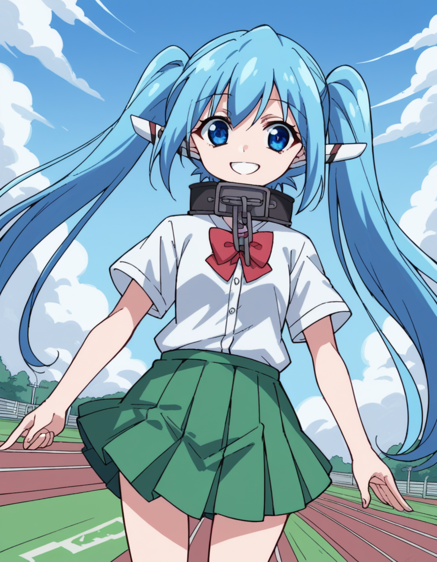 score_9, score_8_up, score_7_up, source_anime, <lora:otoshimono-nymph-s2-ponyxl-lora-nochekaiser:1>, nymph, long hair, blue eyes, twintails, blue hair, collar, chain,, skirt, school uniform, red bowtie, green skirt, short sleeves, white shirt, pleated skirt,, roller coaster, tracks, speed, fun, thrill, smile, v,, looking at viewer, solo,, dutch angle, cowboy shot