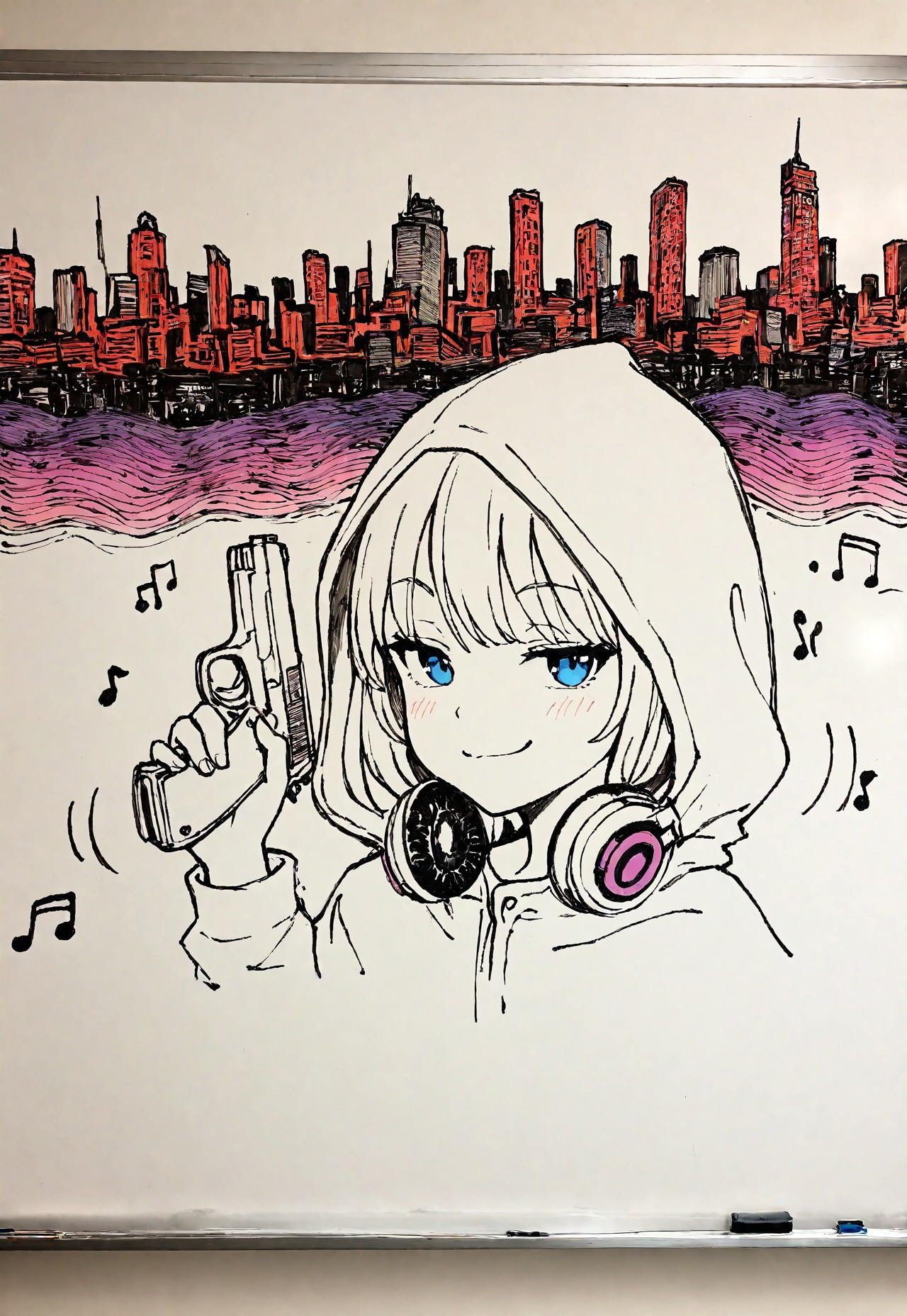 masterpiece, best quality, amazing quality, very aesthetic, absurdres, newest, detailed background, white3oard, whiteboard, (sketch:1.2), 1girl, solo, portrait, hood up, headphones around neck, nodding head, motion lines, hand, holding pistol, smug, spot color, purple music notes, blue eyes, red cityscape, traditional media, lineart, wide shot