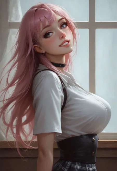 score_9, score_8_up, score_7_up, 1dk, (realistic),
full body shot, standing, shaft head tilt,
rim light,solo focus, looking at viewer, (from the back),
BREAK ,
1girl, young cute slut, pale skin, goth girl, happy, grin,
huge breasts, sagging breasts, wide hips, massive round ass, thin waist,
long hair, (pink hair), sidelocks, bangs, perfect black eyes, earrings, choker, eyelashes, makeup, blushing, detailed face, detailed hair, bangle,
(sch00lg1rl, thighhighs, white shirt, pink plaid miniskirt, crop top, garter straps, plaid skirt, tied shirt,)
(scissors in hand)
BREAK,
indoors, classroom, windows
dynamic, wind,
day, evening, daylight,