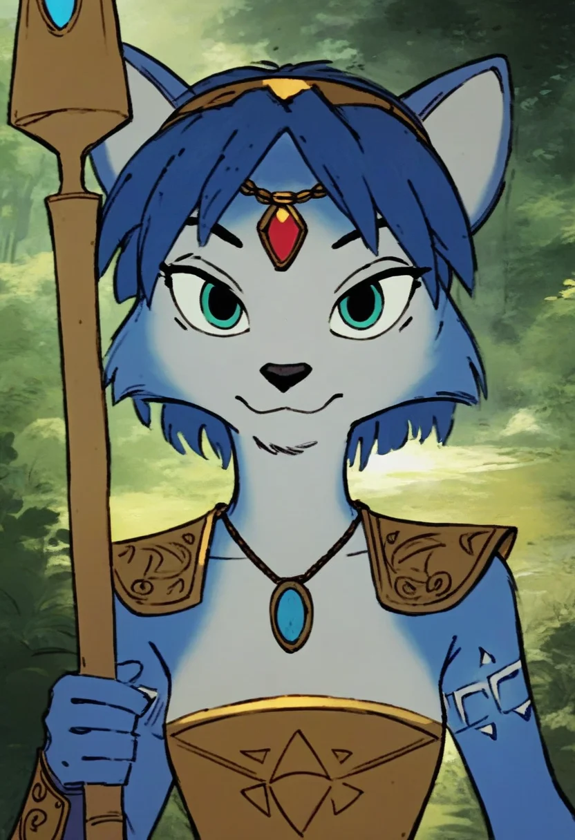 (robinhood:0.6) krystal, gold breastplate, necklace, in forest, looking at viewer, holding staff, medieval, upper body portrait, shirtless, small breasts <lora:robinhood-v2-ponyv6xl:1>, (score_9, score_8_up, score_7_up, score_6_up, score_5_up, score_4_up:0.5)