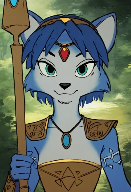 (robinhood:0.6) krystal, gold breastplate, necklace, in forest, looking at viewer, holding staff, medieval, upper body portrait, shirtless, small breasts <lora:robinhood-v2-ponyv6xl:1>, (score_9, score_8_up, score_7_up, score_6_up, score_5_up, score_4_up:0.5)