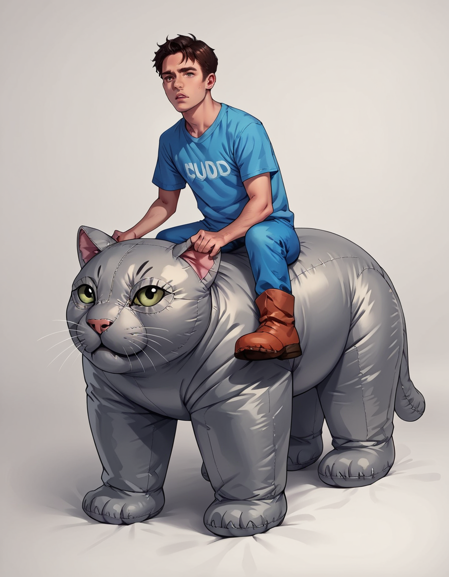 score_9, score_8_up, score_7_up, score_6_up, score_5_up, score_4_up, source_anime, best quality,  hud_inf_eleph, 1boy, shirt, <lora:hud_inf_eleph_XLP:0.7>, riding inflatable cat