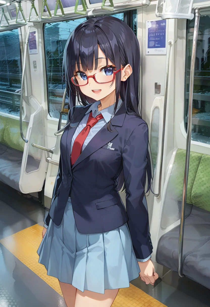 score_9, score_8_up, score_7_up, rating_safe, masterpiece, best quality, absurdres, unity 8k wallpaper, official art, official style, source_anime, game cg, megami magazine, glasses,
1girl, solo, glasses, black hair, long hair, blue eyes, collared shirt, red necktie, pleated skirt, blue skirt, standing, smile, closed eyes, open mouth, looking at viewer,
e235, seat, close-up, scenery, rain, window, train interior, night, indoors,
<lora:E235_PONY_V1:1>