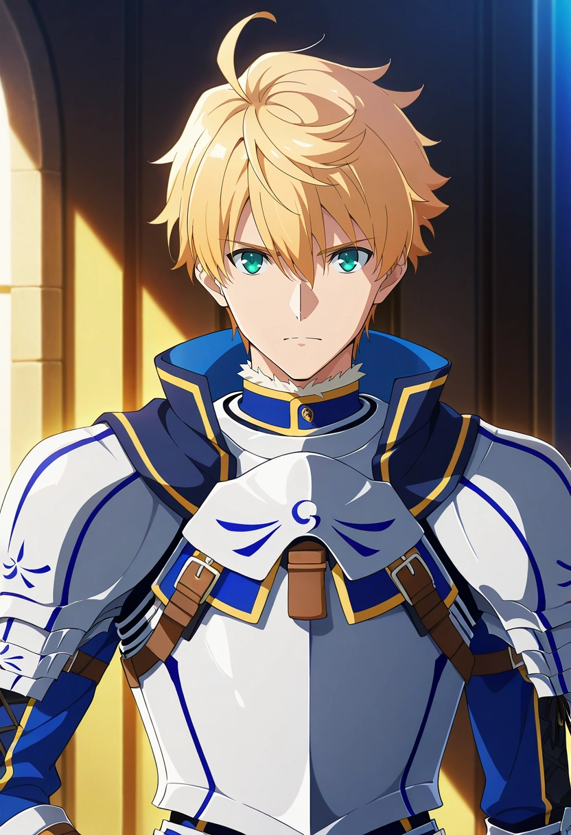 masterpiece, best quality, intricate details, anime screencap, anime coloring, , looking at viewer, 1boy, solo, male focus, <lora:arthur_pendragon_fate_ilxl:0.98>, arthur_pendragon_fate, blonde hair, green eyes, short hair, ahoge, hair between eyes, bangs, armor, breastplate, gauntlets, pauldrons, shoulder armor, , , ,