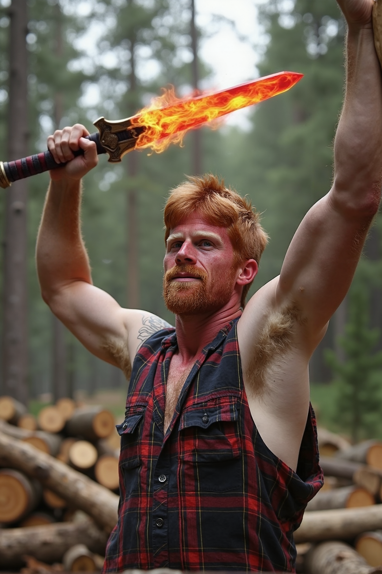 A stunning high-resolution photograph of Aric, a striking ginger man,An action-packed close-up shot of Aric, the ginger warrior, standing ready with a sword of mesmerizing red and yellow fire. The flames dance with fantasy and excitement, casting a warm glow on his face, which exhibits fierce determination. In this serene forest background, ancient trees loom behind him, their trunks bathed in soft light, creating a magical contrast between the natural world and the fiery weapon he wields. The focus captures the intense moment as he prepares to strike, with the surrounding flora blending seamlessly into the magical scene. Created Using: macro photography, cinematic lighting effects, vibrant color interplay, expressive emotion, natural setting, action-oriented composition, high-definition detail, storytelling perspective