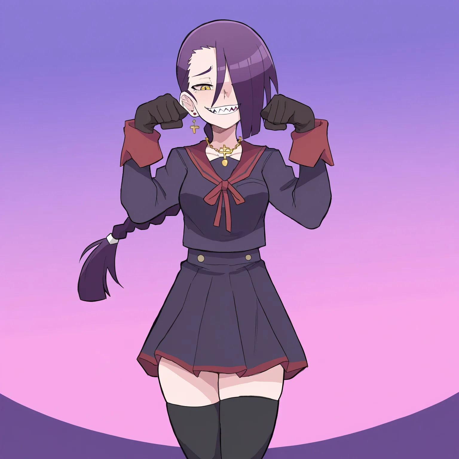 masterpiece, best quality, amazing quality, very aesthetic, absurdres, newest,
<lora:Zlixon_style_ILLUST-000002:0.95> zlix0n, re:creators, monogatari \(series\),
1girl, solo, <lora:magane-chikujouin-s1-ponyxl-lora-nochekaiser:0.75> magane chikujouin, long hair, purple hair, braid, single braid, hair over one eye, yellow eyes, sharp teeth,
medium breasts, skirt, thighhighs, gloves, jewelry, school uniform, earrings, serafuku, black gloves, black thighhighs, necklace, zettai ryouiki,
smug, looking at viewer,
interesting pose,