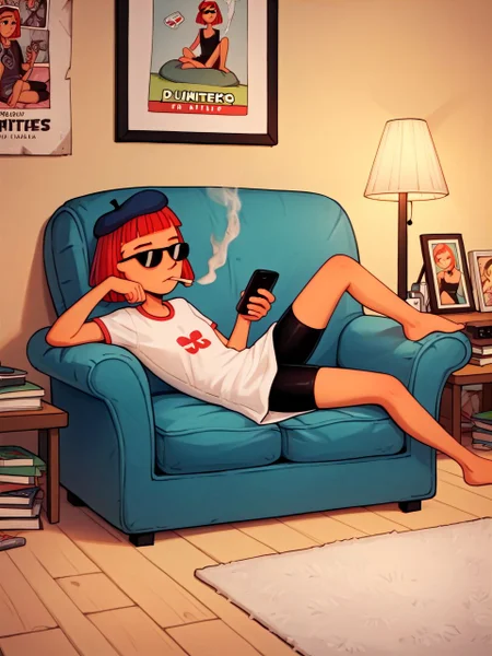 PonyXLV6_Scores, yellow lighting, hanging lightbulb, dingy basement, wooden segmented stairs, banister, damaged drywall, chipped paint, cannabis posters, couch, throw rug, bean bag chair, <lora:420time:0.8> 420, 1girl, sitting in bean bag chair, reclining, joint in mouth, smoke trail, looking at phone, <lora:judyTV_PDXL:0.8> judyTV, tan skin, red hair, sunglasses, beret, pink t-shirt dress, bike shorts,