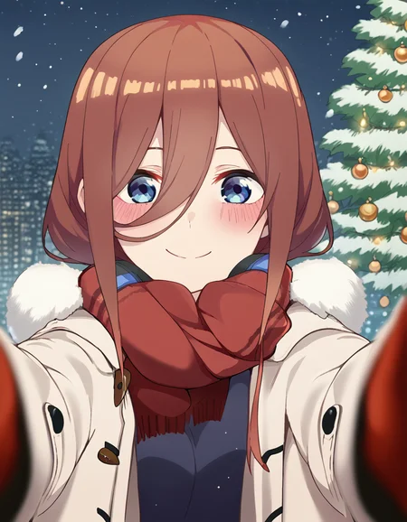 score_9, score_8_up, score_7_up, source_anime, <lora:miku-nakano-s2-ponyxl-lora-nochekaiser:1>, miku nakano, long hair, bangs, blue eyes, brown hair, hair between eyes, headphones, headphones around neck, large breasts,, <lora:pov-cheek-warming-ponyxl-lora-nochekaiser:1>, pov cheek warming, pov cheek warming (meme), winter gloves, duffel coat, fur-trimmed scarf, winter clothes, red mittens, meme, winter coat, red scarf, fur-trimmed coat, reaching towards viewer, reaching, mittens, fur-trimmed hood, white coat, open coat, scarf, coat, red gloves, snowing, pov, fur trim, depth of field, smile, blush,, christmas, christmas tree, christmas lights,,
