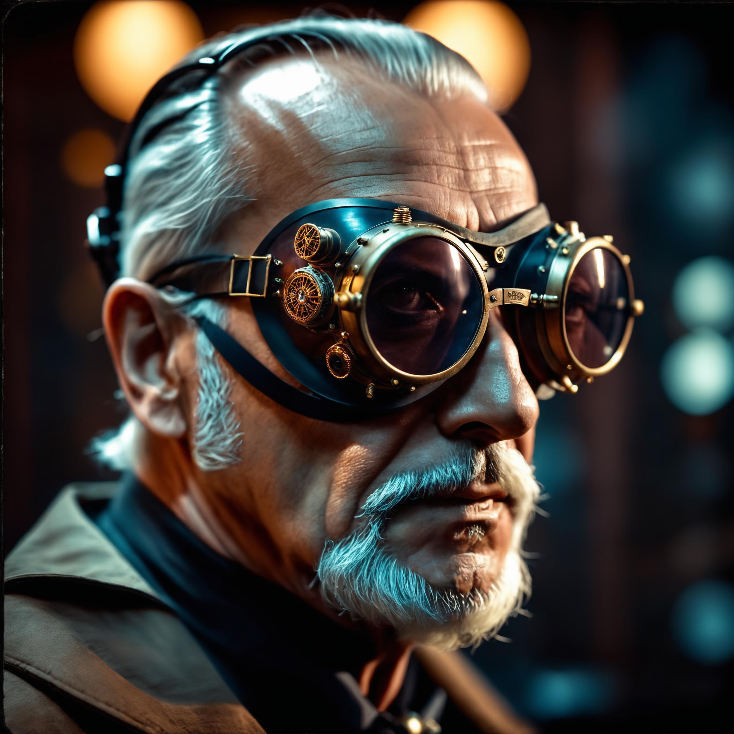 cinematic film still old evil scientist,man, cyberpunk, mask, wrathful eyes, dark science lab, steampunk sun glasses, dark atmosphere, Homunculus . shallow depth of field, vignette, highly detailed, high budget, bokeh, cinemascope, moody, epic, gorgeous, film grain, grainy