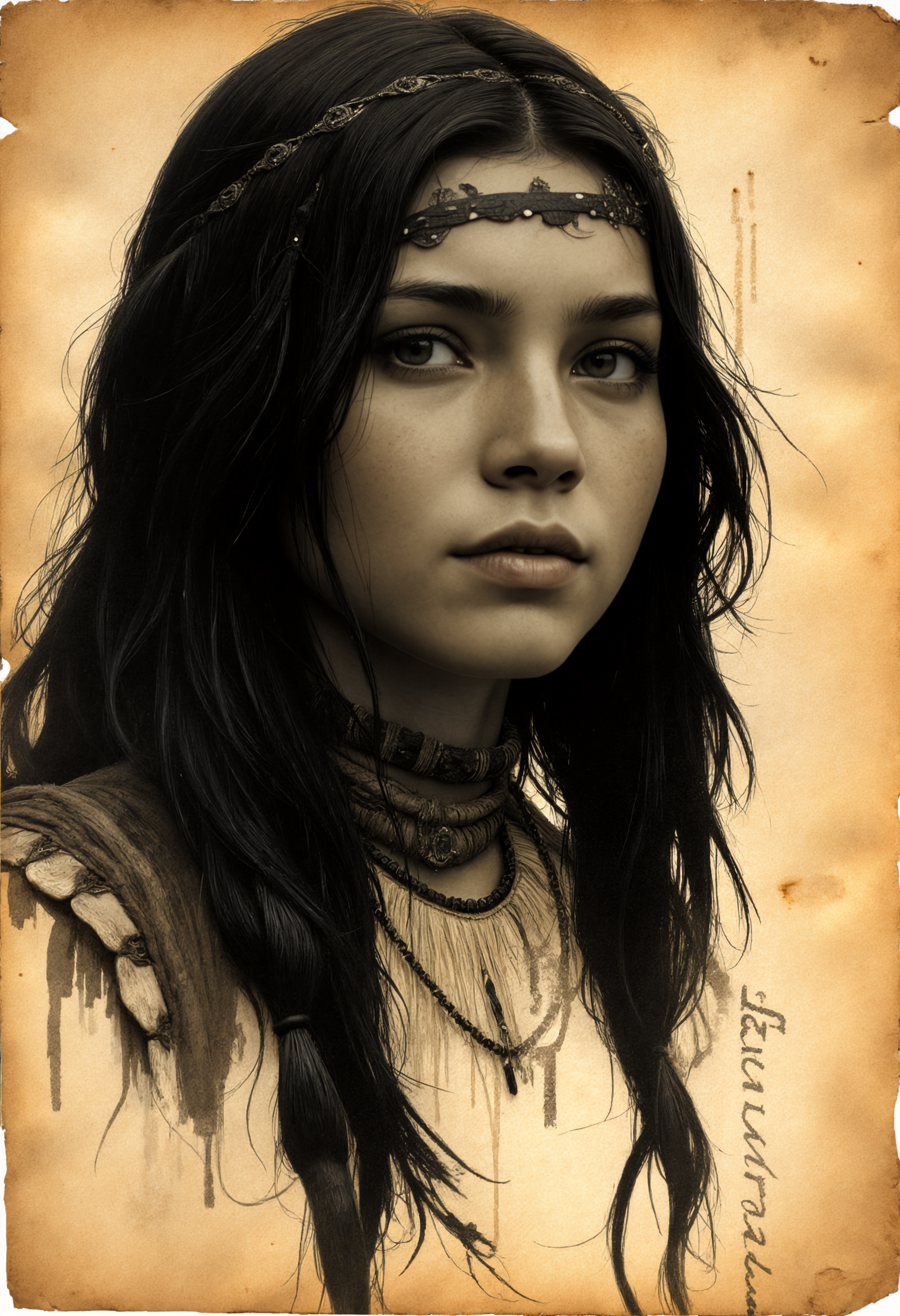 illustrated on old yellowed parchment,  a beautiful 18 yo native american girl. (text description), bold black brush strokes, intricate details, high resolution, mysterious, epic,  , head shot, in the style of Anne Brigman