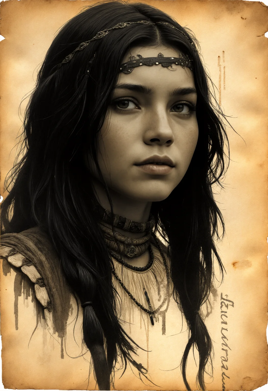 illustrated on old yellowed parchment, a beautiful 18 yo native american girl. (text description), bold black brush strokes, intricate details, high resolution, mysterious, epic, , head shot, in the style of Anne Brigman