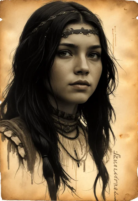 illustrated on old yellowed parchment,  a beautiful 18 yo native american girl. (text description), bold black brush strokes, intricate details, high resolution, mysterious, epic,  , head shot, in the style of Anne Brigman