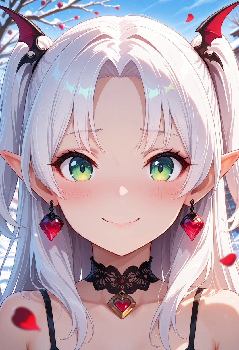 masterpiece, best quality, amazing quality, BREAK, 1girl, 25 years old, perfect face, petite,
detailed face, portrait, face focus, depth of field, looking at viewer, blush, shy smile,
green eyes,
white hair, long hair, two side up, parted bangs, pointy ears, red earrings, jewelry, bat hair ornament, black choker,
bat bra, rose petals,
snow, winter, outside, day,
