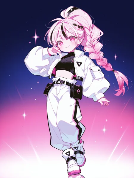 saru, mamimumemo, <lora:GlitterAXL:1> SGCRSA, 1girl, long hair, multicolored hair, braided ponytail, glitter hair, white jacket, white pants, black crop top, white high tops, belt pouch, chibi, gradient background, simple background, full body, 
<lora:cfg_scale_boost:0.5> [lazypos], <lora:spo_sdxl_10ep_4k-data_lora_webui:0.4> <lora:retrocute:1>, <lora:omoyunakyu715-_style_Illustrious:0.3> omoyu_nakyu715, smile, solo, looking at viewer, 
masterpiece, best quality, amazing quality, very aesthetic, absurdres, newest, soft lighting