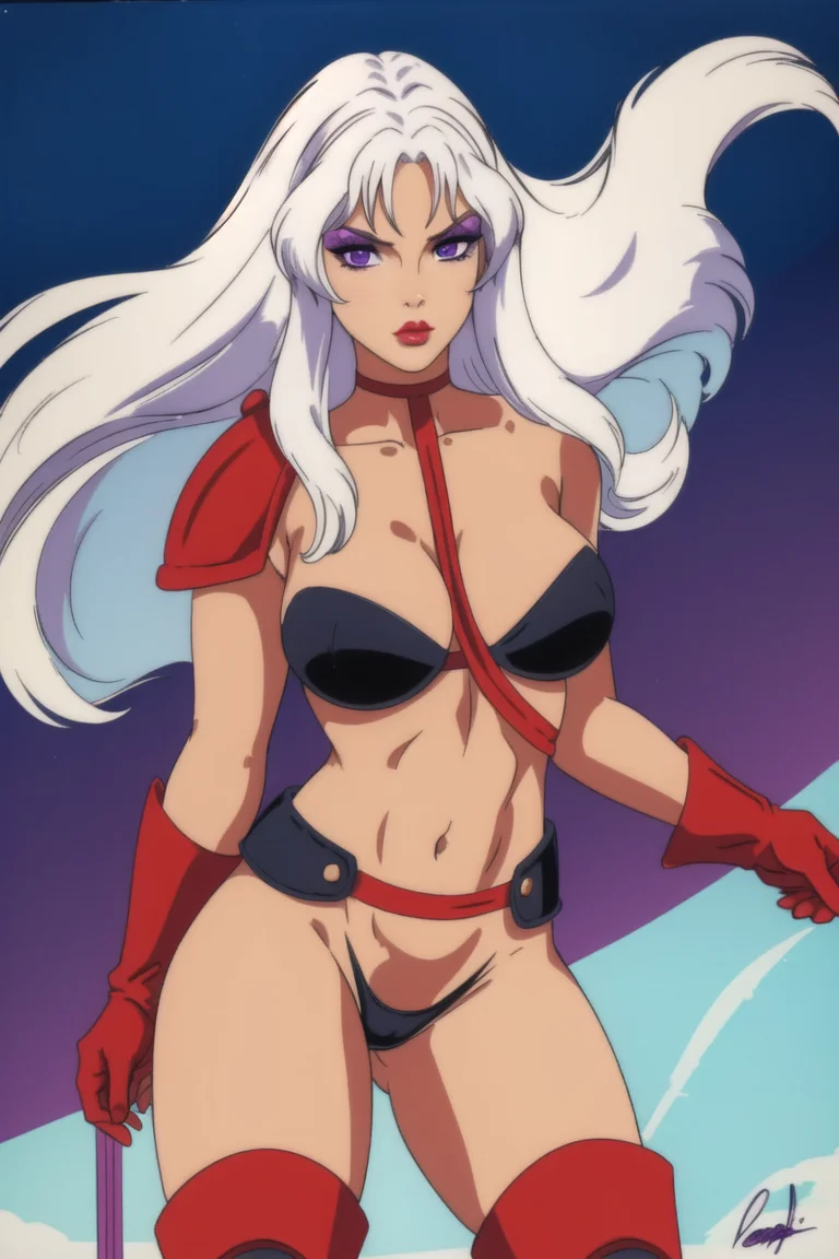 <lora:taarna:0.8>, taarna, masterpiece, best quality, 1girl, long hair, breasts, white hair, boots, navel, gloves, thighhighs, solo, pelvic curtain, armor, makeup, cleavage, large breasts, standing, purple eyes, signature, lips, cowboy shot, swimsuit, floating hair, lipstick, looking at viewer, bikini, red footwear, bikini armor,