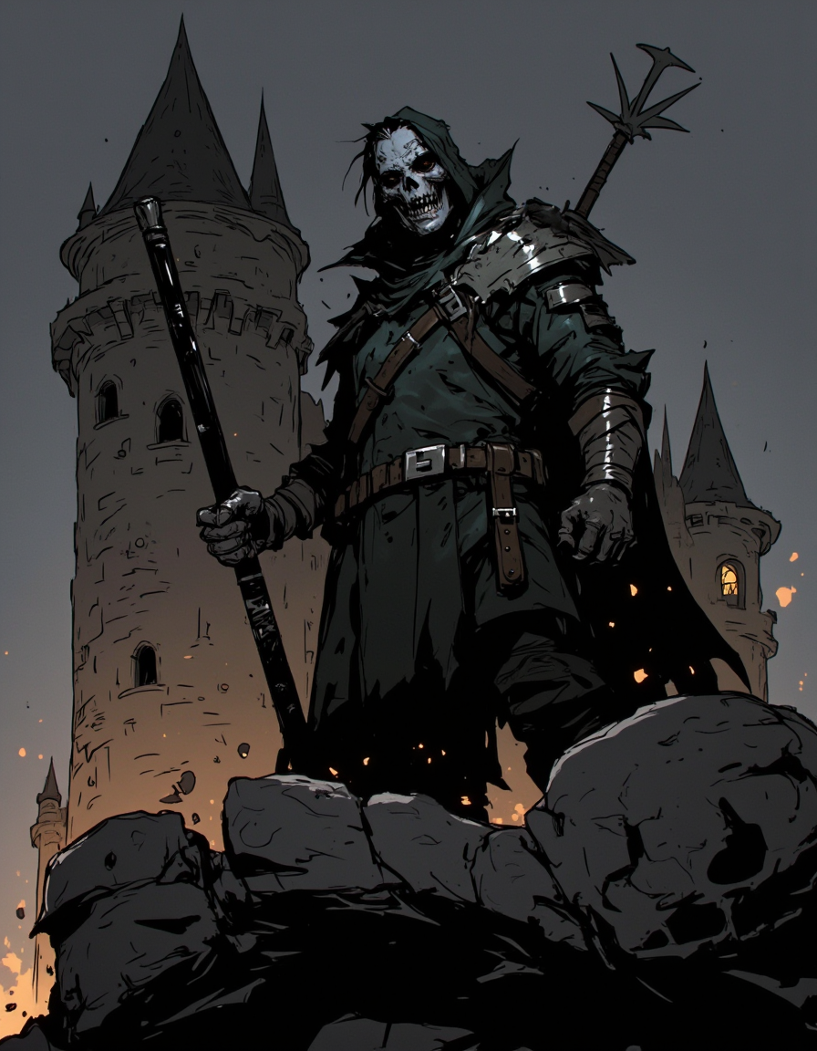 Ev Ganin style. The image is a digital drawing in a dark, dramatic, and stylized comic book art style, featuring a menacing figure standing on a dark, rocky outcropping in front of a medieval castle. The figure, a skeletal warrior, is dressed in dark, tattered robes with a hood that obscures most of his face, giving him an ominous, shadowy appearance. <lora:Ev_Ganin:1.0>