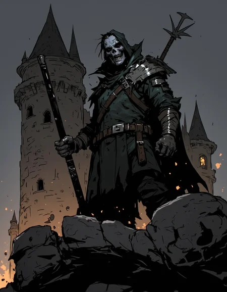 Ev Ganin style. The image is a digital drawing in a dark, dramatic, and stylized comic book art style, featuring a menacing figure standing on a dark, rocky outcropping in front of a medieval castle. The figure, a skeletal warrior, is dressed in dark, tattered robes with a hood that obscures most of his face, giving him an ominous, shadowy appearance. <lora:Ev_Ganin:1.0>