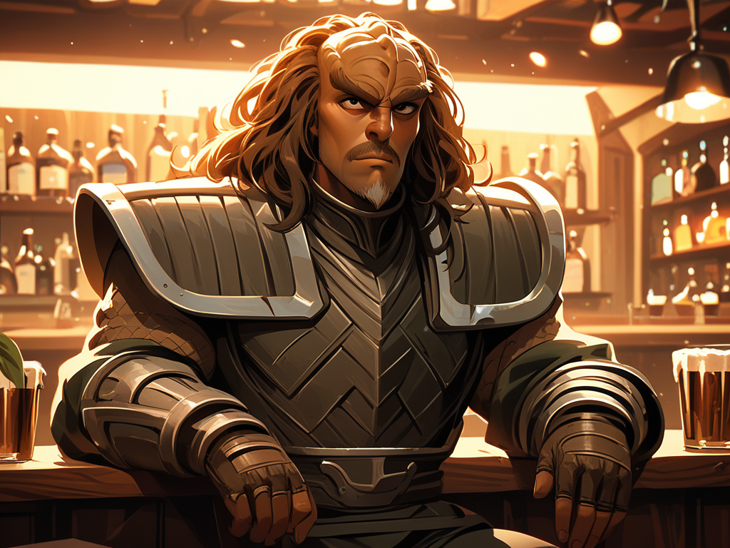 sitting at a bar drinking ale from a large mug <lora:Klingon_v2_pony:1> score_9,score_8_up,score_7_up,score_6_up,score_5_up,score_4_up , 1man, kling0n alien, large forehead ridges, brown skin, large eyebrows, wearing warrior armor,