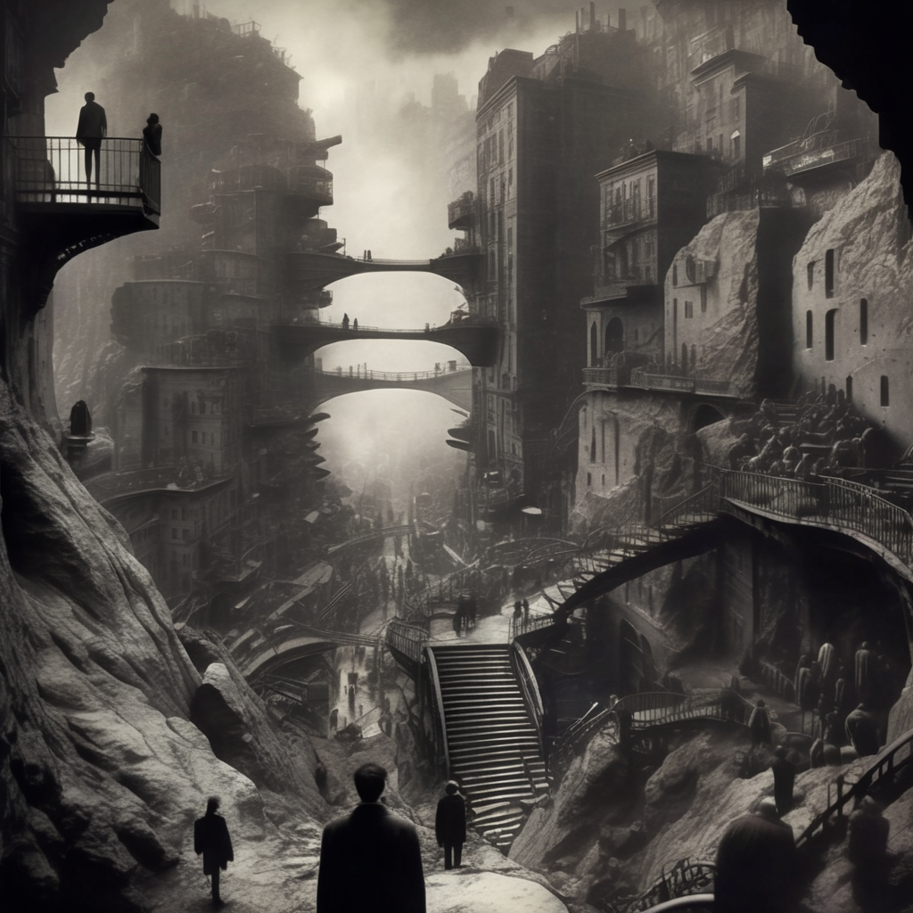 eldoria dark surreal city on the rocks composed of stairs, groups of people, dark atmosphere, very realistic detail, cinematic<lora:eldoria:1>