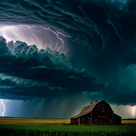 tornado near Jasper,Minnesota,The image captures a slender tornado in a rural landscape,with a barn house in the distance and dramatic clouds in the sky,lightening,dark clouds