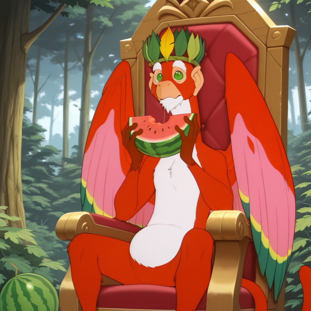 ((masterpiece, best quality, amazing quality,)) NiddlerPoDWil, semi-anthro, male, avian monkey, red feathers, wings, green eyes, white goatee, forest, leaf crown, sitting, in throne, holding food, watermelon
