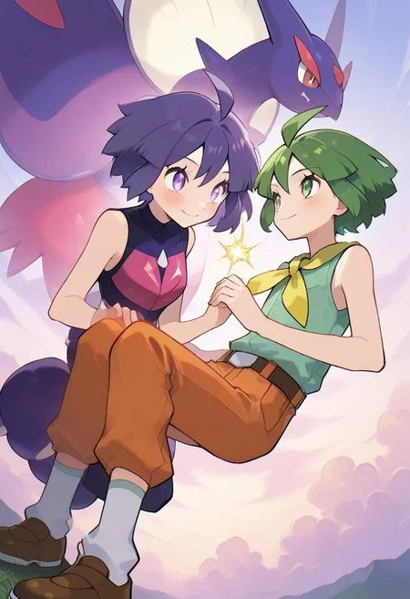 masterpiece, best quality, very aesthetic, absurdres, sharp details, pokemon, 2boy, green hair, purple hair,purple eyes,looking at another, short hair, blush,green eyes,ahoge, sidelocks, holding hands, eye contact, outdoors, Aaron(pokemon), closed mouth,puzzle_morph_rks,
Green shorts, green shirt, brown footwear, white socks, yellow neckerchief,short hair
black sleeveless shirt, orange pants, white with orange shoes, belt,short hair
macro shot, cowboy shot, 20-year-old, solid white background, 2 boys,
macro shot, cowboy shot, solid white background,smiling,
in the bedroom,
BL,Homosexual