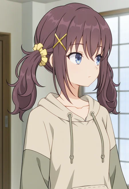 <lora:Kurea FURUTACHI_illustrious-000048:1>,
Kurea FURUTACHI,hair ornament,hoodie,hood,blue eyes,closed mouth,upper body,drawstring,solo,long sleeves,yellow scrunchie,looking to the side,long hair,hair scrunchie,collarbone,hood down,scrunchie,short over long sleeves,brown hoodie,indoors,blurry,blurry background,1girl