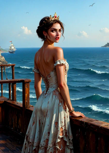 score_9, score_8, score_7, sea, deck of a pirate frigate, painfully screaming suffering ((slavic princess)) in torn white luxury dress, brown short hair, booty ass, wide hips, small breasts, crown, jewelry, centered, intricate, elegant, highly detailed, digital painting, smooth, sharp focus, soft colors, <lora:lora\EnvyFantasyArtDecoXL01.safetensors:0.65:0.65> <lora:lora\Fant5yP0ny.safetensors:0.65:0.65>