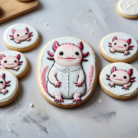 <lora:lora:1>cookie art design, <lora:Axomodelv2.1:1> simple round cartoon cookie art, delicious cute axolotl cookies with icing, flat cookies, cookies with cute design <lora:add-detail-xl:1>,