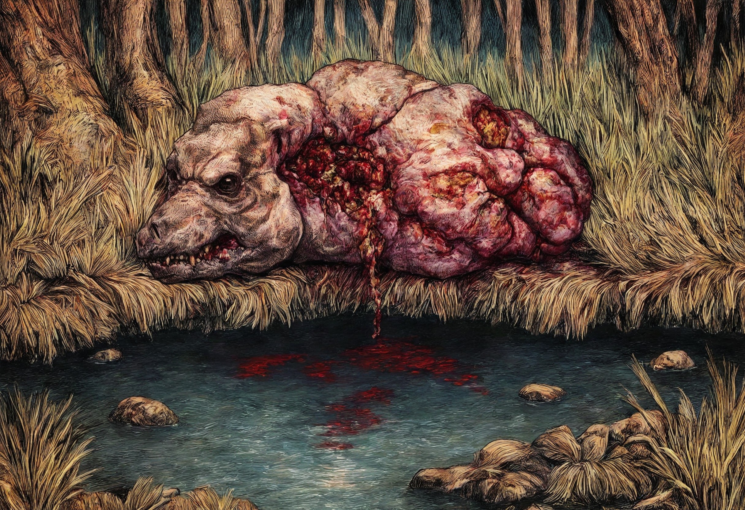 masterpiece, best quality, no humans, pond, blood, organs, teeth, hatching \(texture\),  fine detail<lora:CarolineHarrison_V1_NoobAI:1.0>