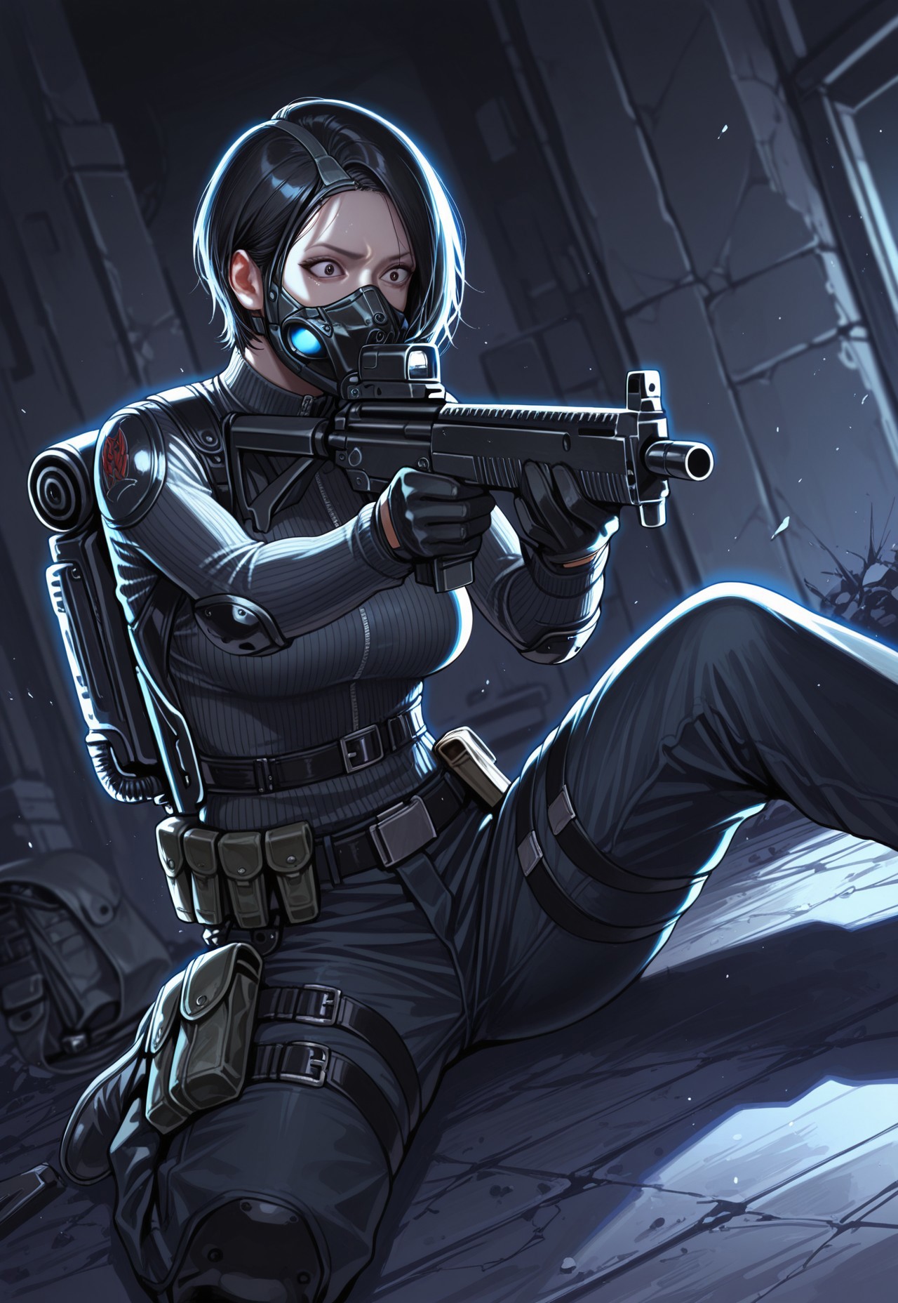 masterpiece, best quality, detailed, realistic, three quarters angle, scared, 1girl, solo, Yamata, short hair, black hair, mask, sweater, elbow pads, gloves, pants, belt, pouch, thigh holster, backpack, sitting on ground, knee up, holding gun, assault rifle, aiming off screen, 