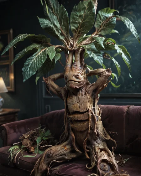 score_9, score_8_up, score_7_up, intricate details, rating_questionable,
<lora:homri52:1>,
<lora:Mandrake:1>, Mandrake, plant monster, leaves, bark, black eyes, yellow-brown bark
, looking at the viewer, solo, happy, 
cowboy shot, sitting on a sofa, leaned back, arms raised, hands behind head, typical clothing), comfy living room, at night, dark room, low light,
masterpiece, 
detailed background, depth of field, 
<lora:ral-chrosc-clr:0.5>, ral-chrosc-clr,
<lora:Expressive_H:0.5>, Expressiveh,
<lora:xl_more_art-full_v1:0.3>,
<lora:add-detail-xl:0.3>,