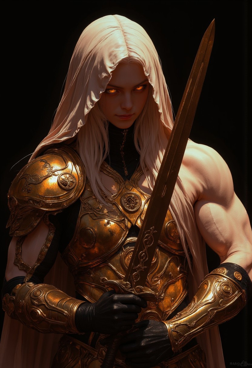Busty adult Long haired princess zelda, Her muscular shoulders and chest, partially exposed beneath the scratched and dented bronze armor, emphasize her powerful physique. The intricate engravings on the armor—zelda style symbols a mushroom and a triforce icon—are stained with remnants of her challenges, adding to the visceral sense of her prowess. Her pale white skin glistens with sweat, highlighting the curves of her strong, broad chest. A thick hood casts a deep shadow over her face, obscuring her features in darkness and adding a mysterious princessfantasy aura to her presence. In her right hand, just visible within the frame, she grips a plain Rioja Iron sword, its blade worn and scuffed from intense battles. Her other hand rests on her hip, confidently poised. The thick beige and light pink cape draped over her shoulder falls behind her, catching the wind, while the warm light casts deep shadows across her muscular frame, enhancing the raw, primal power she exudes.