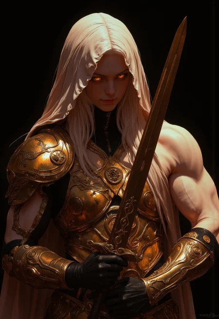Busty adult Long haired princess zelda, Her muscular shoulders and chest, partially exposed beneath the scratched and dented bronze armor, emphasize her powerful physique. The intricate engravings on the armor—zelda style symbols a mushroom and a triforce icon—are stained with remnants of her challenges, adding to the visceral sense of her prowess. Her pale white skin glistens with sweat, highlighting the curves of her strong, broad chest. A thick hood casts a deep shadow over her face, obscuring her features in darkness and adding a mysterious princessfantasy aura to her presence. In her right hand, just visible within the frame, she grips a plain Rioja Iron sword, its blade worn and scuffed from intense battles. Her other hand rests on her hip, confidently poised. The thick beige and light pink cape draped over her shoulder falls behind her, catching the wind, while the warm light casts deep shadows across her muscular frame, enhancing the raw, primal power she exudes.