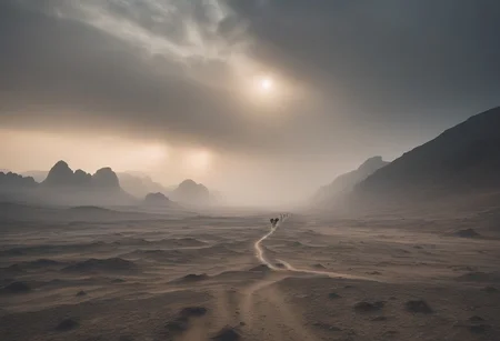 A vast caravan migrates through a barren desert valley, leading to a colossal weathered plain under a hazy sky, stony grays, a dense gray mist clogs the air with a soft ethereal glow,