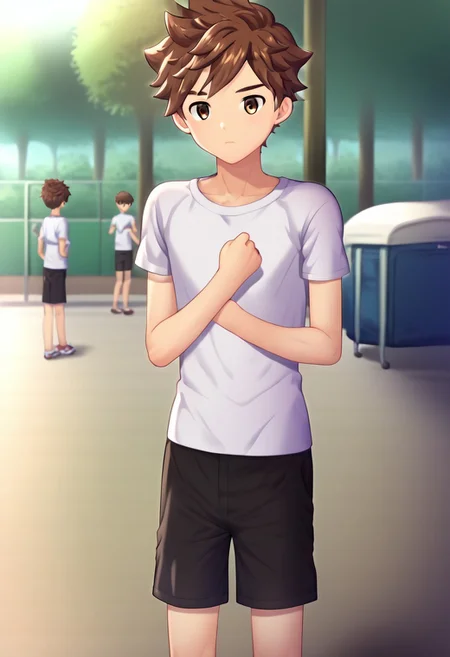 sato_daiki, brown hair, short hair, brown eyes, 1boy, solo, solo focus, medium build body, V-shaped shoulders, standing, strong leg, young man, youthful, (short torso:1.40), (proportional body:1.20), handfixer, detailed eyes, detailed hands, clenched hands, white t-shirt, black shorts, public park setting
