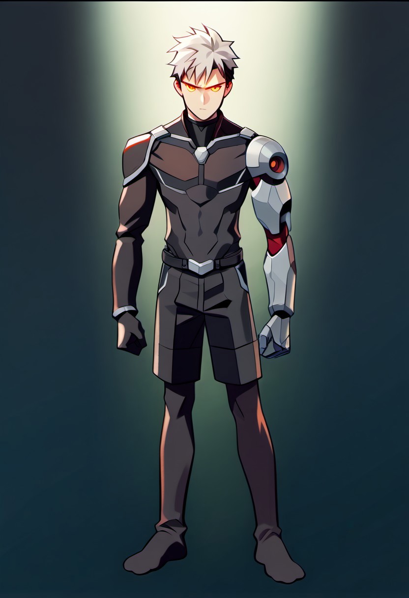 cartoon art style, adult, no shoes on, ((masterpiece)), ((best quality)), ((ultra-detailed)), score_9_up, score_8_up, score_7_up, HD, top quality, best quality, High-quality illustrations, anime screencap, masterpiece, best quality, amazing quality, (Cartoony), thick outlines, 1boy, BREAK man male guy, platinum hair, very short hair, messy hair, curly hair, dark side fade hair, dark side cut hair, robotic orange eyes, holographic eyes, defined chin, chiseled face, athletic slim body, light skin tone, black shorts, plain silver shirt, standing, BREAK simple blank background