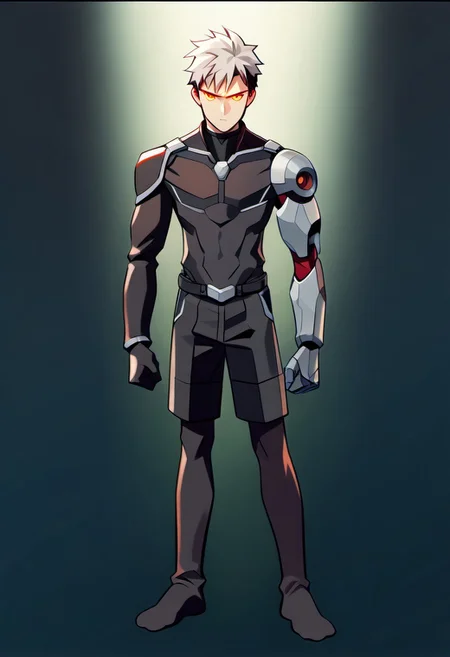 cartoon art style, adult, no shoes on, ((masterpiece)), ((best quality)), ((ultra-detailed)), score_9_up, score_8_up, score_7_up, HD, top quality, best quality, High-quality illustrations, anime screencap, masterpiece, best quality, amazing quality, (Cartoony), thick outlines, 1boy, BREAK man male guy, platinum hair, very short hair, messy hair, curly hair, dark side fade hair, dark side cut hair, robotic orange eyes, holographic eyes, defined chin, chiseled face, athletic slim body, light skin tone, black shorts, plain silver shirt, standing, BREAK simple blank background