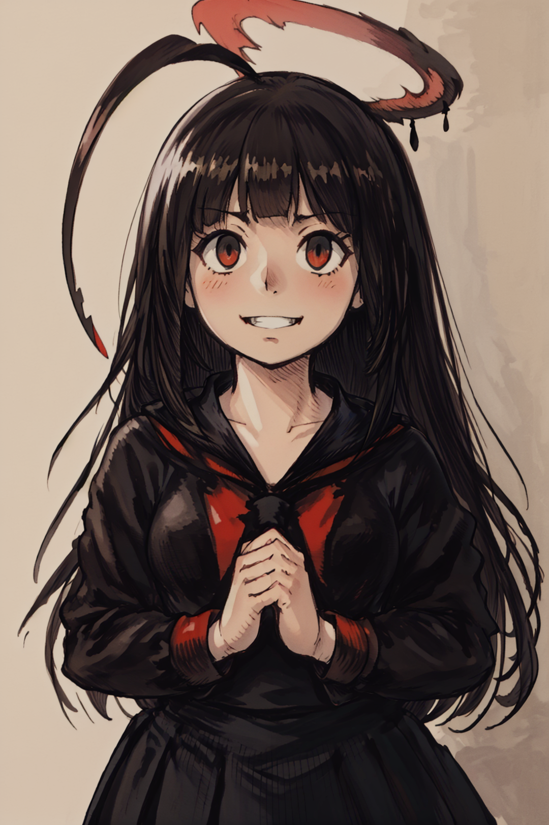 (Yoshida_Akihiko_PonyXL_style_v02.10.01:1.0), solo, 1girl, EPbaTsurugi, black hair, long hair, red eyes, blunt bangs, ahoge, halo, black wings, black sailor collar, black serafuku, black school uniform, black skirt, red neckerchief, blush, eyelashes, pleated skirt, sailor collar, skirt, sharp teeth, grin, crazy eyes, crazy smile, opened mouth, praying hands, stand, cowboy shot, blush, (Bravely Default Style), yoshida akihiko, blush, red eyes, big smile, <lora:pony\char\game\ba\EPbaTsurugiPony.safetensors>, <lora:pony\style\Yoshida_Akihiko_PonyXL_style_v02.10.01.safetensors>, <lora:styles\yoshida_akihiko_offset.safetensors>, <lora:styles\BravelyDefault.safetensors>, <checkpoint:[Pony] ponyRealism_v21MainVAE.safetensors>, <checkpoint:[SD15] tfmCutesyAnime2_genesis.safetensors>