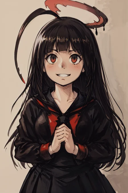 (Yoshida_Akihiko_PonyXL_style_v02.10.01:1.0), solo, 1girl, EPbaTsurugi, black hair, long hair, red eyes, blunt bangs, ahoge, halo, black wings, black sailor collar, black serafuku, black school uniform, black skirt, red neckerchief, blush, eyelashes, pleated skirt, sailor collar, skirt, sharp teeth, grin, crazy eyes, crazy smile, opened mouth, praying hands, stand, cowboy shot, blush, (Bravely Default Style), yoshida akihiko, blush, red eyes, big smile, <lora:pony\char\game\ba\EPbaTsurugiPony.safetensors>, <lora:pony\style\Yoshida_Akihiko_PonyXL_style_v02.10.01.safetensors>, <lora:styles\yoshida_akihiko_offset.safetensors>, <lora:styles\BravelyDefault.safetensors>, <checkpoint:[Pony] ponyRealism_v21MainVAE.safetensors>, <checkpoint:[SD15] tfmCutesyAnime2_genesis.safetensors>