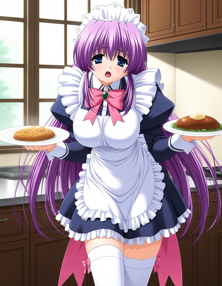 general,highres, ultra-detailed,very aesthetic,best quality ,best hands,  BREAK <lora:Mikado_Shizuru_IS:1> Mikado_Shizuru, 1girl, purple hair, long hair, blue eyes, maid, large breasts, maid headdress, apron, frills, 
solo, thighhighs, zettai ryouiki, window, plate, bow, indoors, open mouth, white thighhighs, kitchen, food, 
pink bow, holding, puffy sleeves, looking at viewer, ribbon, standing,
kitchen,